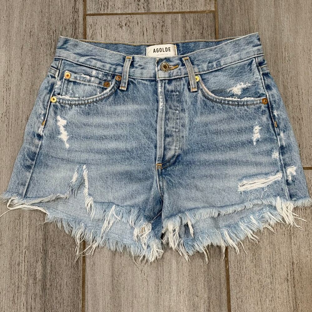 Agolde Parker Denim Shorts Womens 24 Blue Hi-Rise Distressed Raw Hem Streetwear